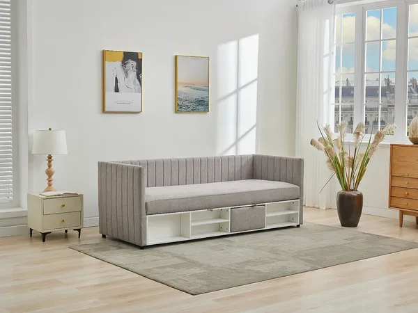 Vente-unique - LAOZIA Bett Stoff Schokoladenbraun - B 85 cm x H 79 cm x L 213 cm