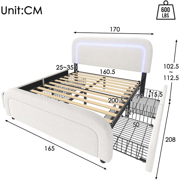 Merax Polsterbett mit USB Typ C Ladefunktion LED-Beleuchtung und 2 Schubladen, Doppelbett 160x200cm, Höhenverstellbarem Kopfteil, Sherp-Weiß Bild 4