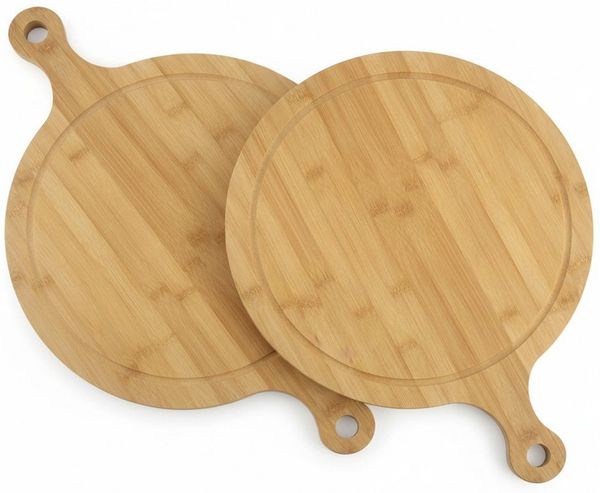 hausleben Pizzaschneidebrett Pizzabrett - Rundes Schneidebrett mit Griff und Schneiderillen, Bambus Saftrille, (Holz Pizzateller für Flammkuchen, 2-St, 2 Servierplatten), Holzteller Servierbrett für Pizza, Leicht zu Reinigen
