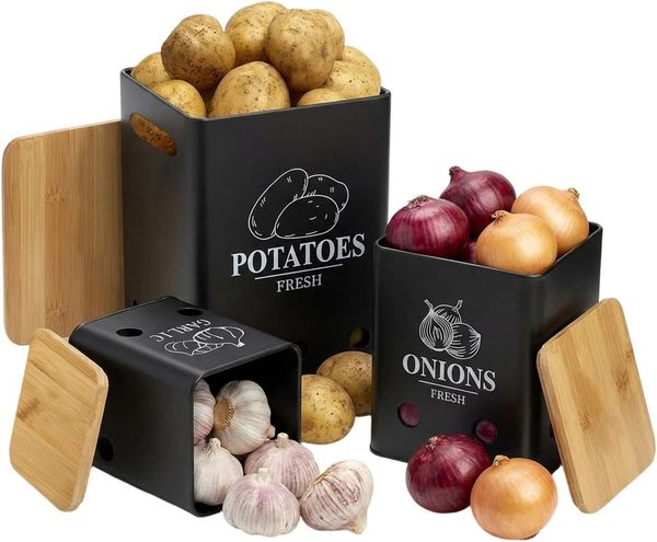 BlingBin Aufbewahrungsbox Vorratsdose 3er Set - Kartoffeln, Zwiebeln und Knoblauch Aufbewahrung (3er Set, 3 St, Groß 18.3*15.7*34 cm Mittel 14*14*17 cm Klein 12*12*14 cm), mit Bambusdeckel, Küche Aufbewahrung, Hält Gemüse Länger Frisch