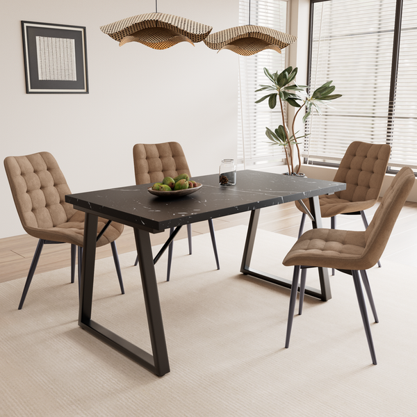 HOMAVO 5-Teiliges Esszimmerstühle, MDF Tischplatte 140x75×80cm Esstisch (Schwarz) mit 4 Stühlen (Samt Karamell)