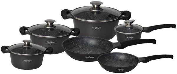 Kochtopf Topf Pfannen Set Kochgeschirr 10 tlg Alu Guss Cheffinger schwarz DA1010