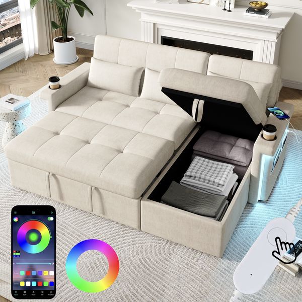 Merax L-förmiges Ecksofa, umwandelbar in ein Schlafsofa, mit Schlaffunktion, LED-Beleuchtung und USB-Anschlüssen, verstellbarer Rückenlehne mit Kissen und Getränkeablage, Wohnzimmersofa mit Stauraum, Beige