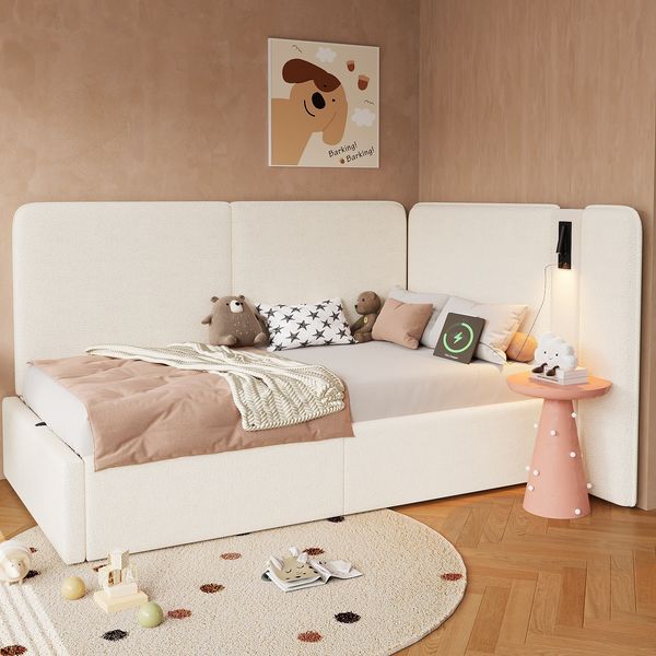 Merax Einzelbett, Kinderbett, Polsterbett 90x200cm Daybett, mit hydraulischem Stauraum Aufladen Leselampe, Bouclé , beige