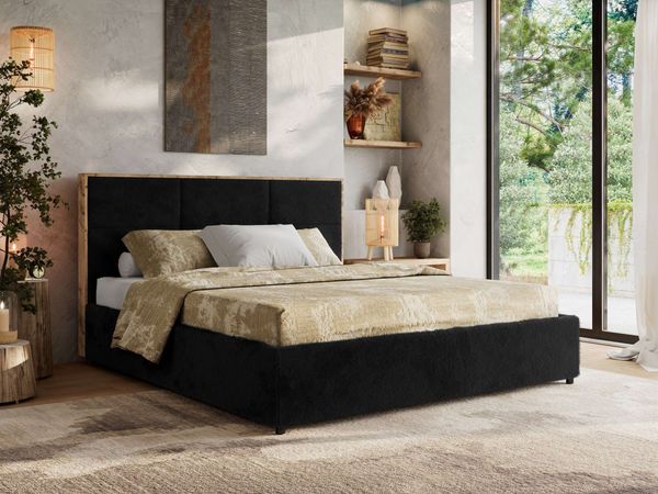 Premium Polsterbett LERIO CLASSIC 180 x 200 cm mit Stauraum, gepolstertem Kopfteil, Gasdruckfedern & Lattenrost - Modernes Design, Inkl. Lattenrost Foam Matratze - Schwarz Plüsch - MIRO LUX