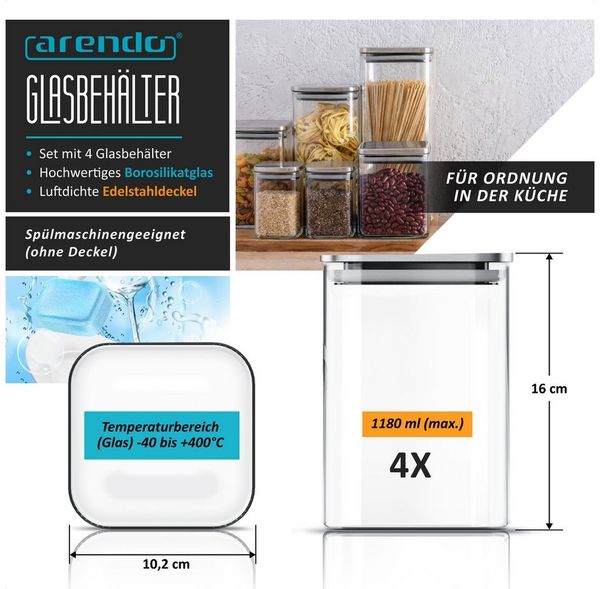 Arendo Aufbewahrungsbecher Glasbehälter-Set 4x 1,2 L Borosilikat quadratisch mit Bambusdeckel, Borosilikatglas, Edelstahl, Silikon, (Vorratsbehälter-Set, 4-tlg, 4er Set), luftdicht, hitze & kältebeständig, Mikrowellen & spülmaschinengeeignet Bild 2