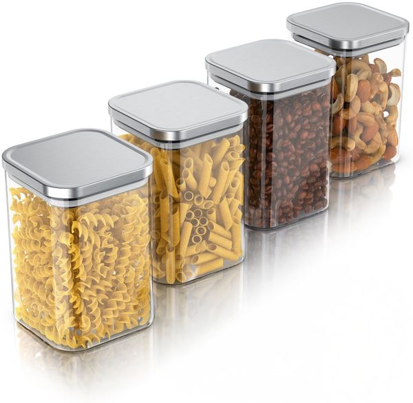 Arendo Aufbewahrungsbecher Glasbehälter-Set 4x 1,2 L Borosilikat quadratisch mit Bambusdeckel, Borosilikatglas, Edelstahl, Silikon, (Vorratsbehälter-Set, 4-tlg, 4er Set), luftdicht, hitze & kältebeständig, Mikrowellen & spülmaschinengeeignet