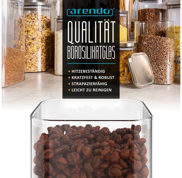 Arendo Aufbewahrungsbecher Glasbehälter-Set 4x 1,2 L Borosilikat quadratisch mit Bambusdeckel, Borosilikatglas, Edelstahl, Silikon, (Vorratsbehälter-Set, 4-tlg, 4er Set), luftdicht, hitze & kältebeständig, Mikrowellen & spülmaschinengeeignet Bild 4
