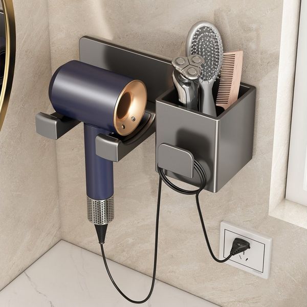 Refined Living Organizer für Haartrockner, Wandhalterung Haartrockner Halterung Haartrocknerhalter, (Praktisches Wandregal für Föhn-Badezimmer Aufbewahrung, mit Großem Stauraum Aluminium, Rutschfeste Halterung,Ohne Bohren)