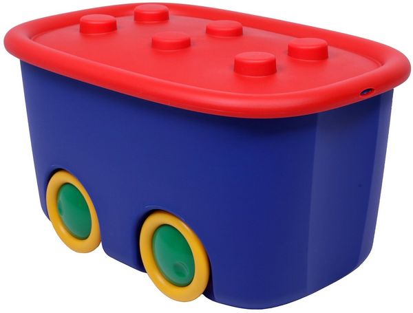 ONDIS24 Aufbewahrungsbox Spielzeugaufbewahrungsbox Spielzeugkiste Kinder Spielzeugbox Funny, mit großen Rädern und aufliegendem Deckel, 46 liter