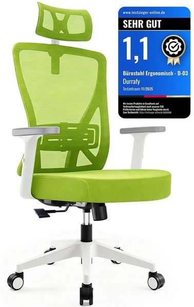 Durrafy Bürostuhl 200kg Ergonomischer Bürostuhl-Verstellbare Lordosenstütze (200 kg extra hohe Belastbarkeit) Verstellbare Lendenwirbelstutze + Kopfstutze + hohenverstelbare Armlehnen),bis zu 130° neigbar, atmungsaktives Netzgewebe, Drehstuhl