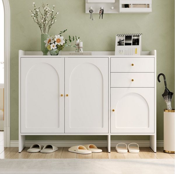 Flieks Kommode mit Arbeitsplatte, 2 Schubladen und verstellbarer Einlegeböden (Schrank für Wohnzimmer/Flur/Esszimmer/Schlafzimmer, 1 St, B120/H90/T35 cm), Mehrzweckschrank Schuhschrank Küchenschrank Weiß
