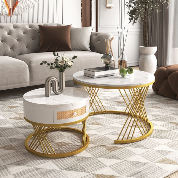 Couchtisch Set aus 2, MDF mit Marmormuster & Schublade, 70x70x45,5/50x50x38,5 cm, Weiß/Gold