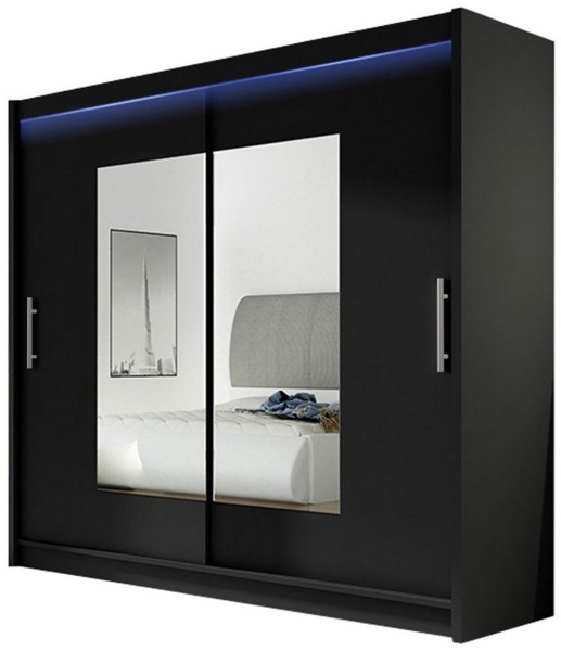Kleiderschrank London VII, mit RGB LED Beleuchtung, Farbe: Schwarz / Spiegel