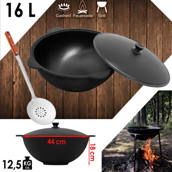 Gusseisen Kasan 16L eben NAMANGAN Aluminium Deckel Campingtopf Kazan WOK Kessel Camping BBQ Asia Schaumkelle
