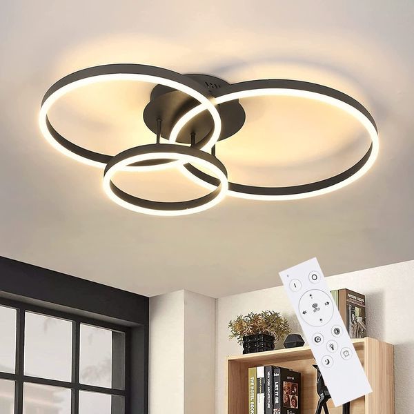 ZMH Deckenlampe LED Deckenleuchte Wohnzimmer - Schwarz Dimmbar 82CM Wohnzimmerlampe mit Fernbedienung 74W mit 3 Ringen Design aus Acryl für Schlafzimmer Büro Küche Arbeitszimmer Hotel