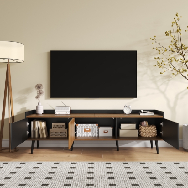 Stylischer TV-Schrank mit 3 Türen, 160 cm, Schwarz und Holz, stabil und geräumig, 160x39x49.5cm