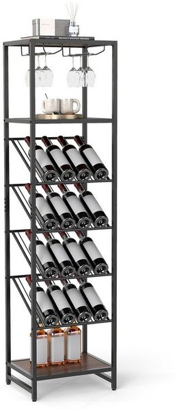 COSTWAY Weinregal, schmal, Weinständer für 16 Flaschen, 6 Gläser Metall