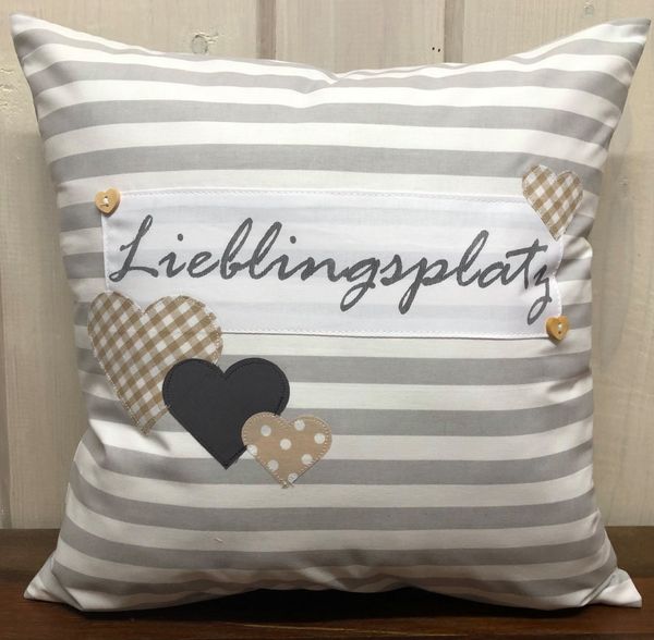 Ammerkind Dekokissen Landhausstil Kissenhülle *Lieblingsplatz* grau/weiß gestreift, 100% Handarbeit