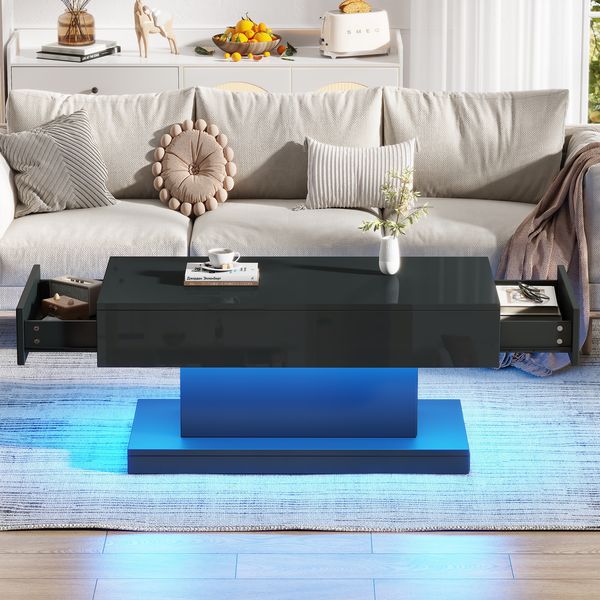 Couchtisch 100 x 50 x 45 cm mit 2 Schubladen, LED-App-Steuerung, Hochglanz in Schwarz