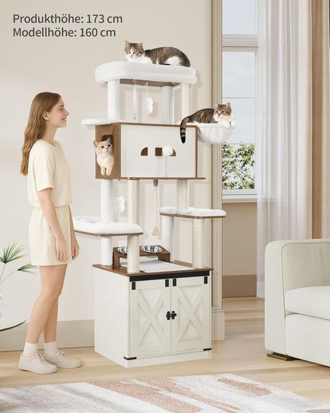 Kratzbaum, Katzenbaum mit Katzenklo Schrank, Futterstation, 173 cm Hoch, mit Großer Plattform, Sisalseil, Hängematte, Waschbares Kissen, Plüschbälle, Weiß und Braun