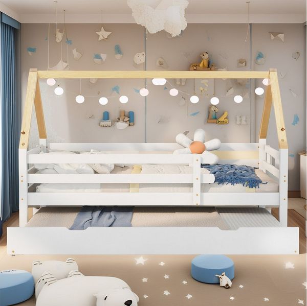 REDOM Bett Kinderbett, Ausziehbett Schiebebett (mit ausziehbarem Schiebebett, naturfarbener Dachstuhl, mit Rollen, 90x200 & 90x190 cm), Ohne Matratze