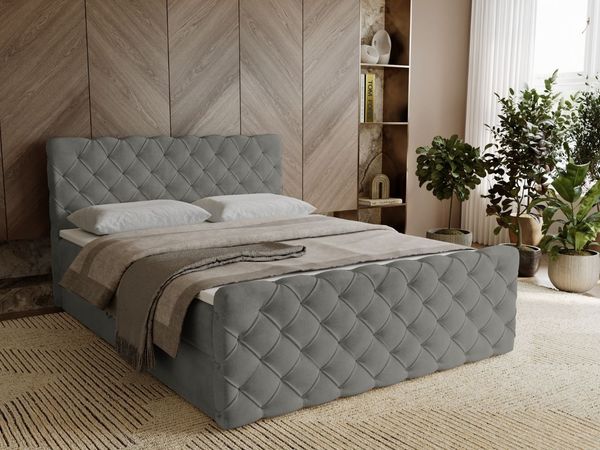 GRAINGOLD Lunaris Doppelbett 160x200, Boxspringbett mit Kopfteil, zwei Bettkästen, Velour-Stoff, Grau