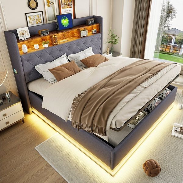 HAUSS SPOLE Polsterbett 180x200cm Stauraumbett mit USB-Ladeanschluss, LED-Licht, Leinen, Grau (Luxuriöses LED-Polsterbett,mit USB-Ladeanschluss und hydraulischem Stauraum, 180 x 200 cm), ohne Matratze