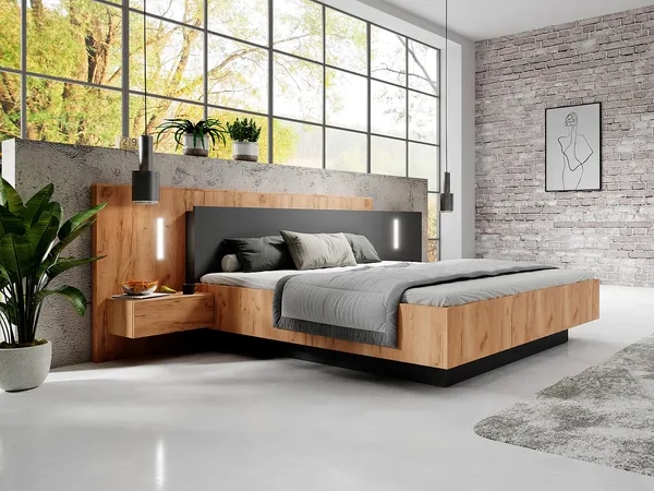 Vente-unique - FRANCOLI Bett Holz, Platte GrauBeige - B 218,2 cm x H 102 cm x L 264,4 cm