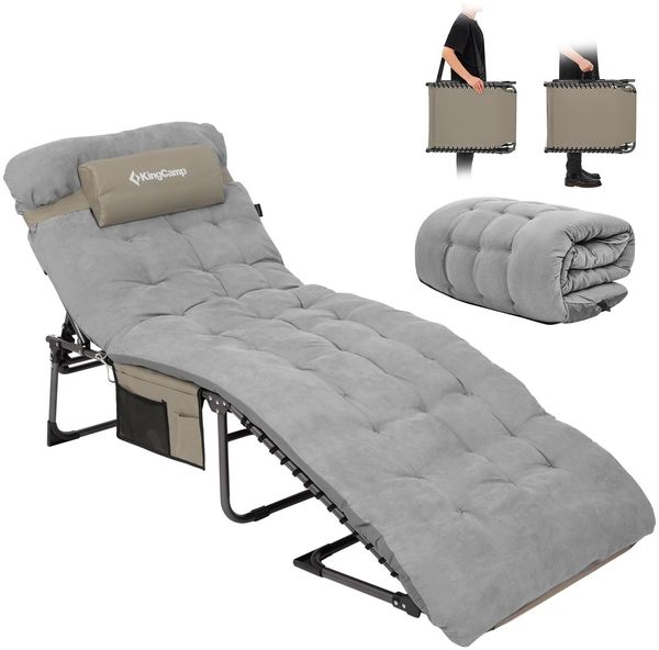 KingCamp Sonnenliege Klappbar mit Matratze, 180 kg Belastbar, 5-Positionen Verstellbar Liegestuhl, Tragbarer Gartenliege mit Seitentasche & Kopfkissen, Campingliege für Strand, Terrasse, Gästebett