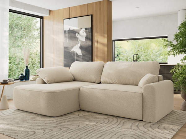 Ecksofa, L-förmiges, lose Kissen, DL-Schlaffunktion, (H 100 x T 187 x B 273 cm) - CUBO L - Boucle Beige - linke Seite