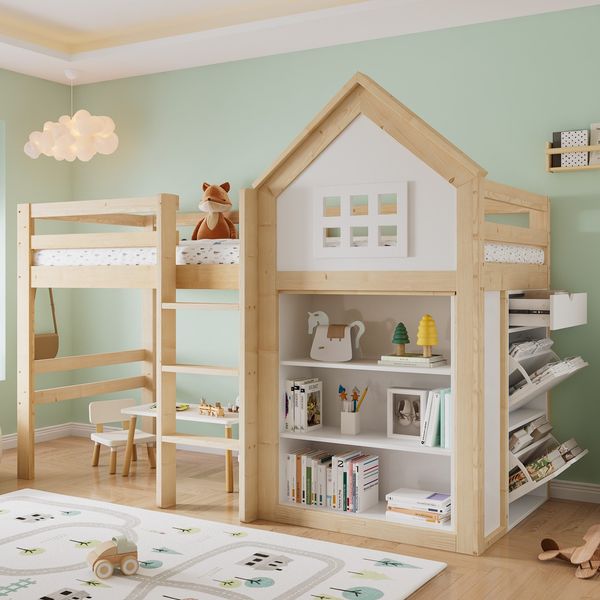 Hochbett mit Bücherregal, Stauraum, Lattenrost und Leiter, 90x200 cm, Schrank mit 2 Klappen und 1 Schublade, Kinderbett mit Rausfallschutz, Kiefer