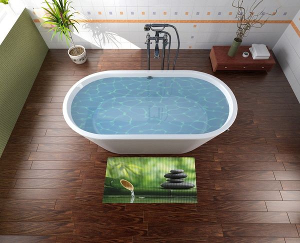 Wallario Schaum-Badematte Steinstapel und Bambus auf dem Wasser, Höhe 5.5 mm, rutschhemmend, geeignet für Fußbodenheizungen, Polymer-Schaum, rechteckig
