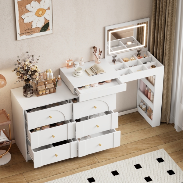 Schminktisch mit LED-Spiegel, drehbarer Aufbau, L-Form nutzbar, 7 Schubladen, großer Stauraum, Klappdesign als Schreibtisch