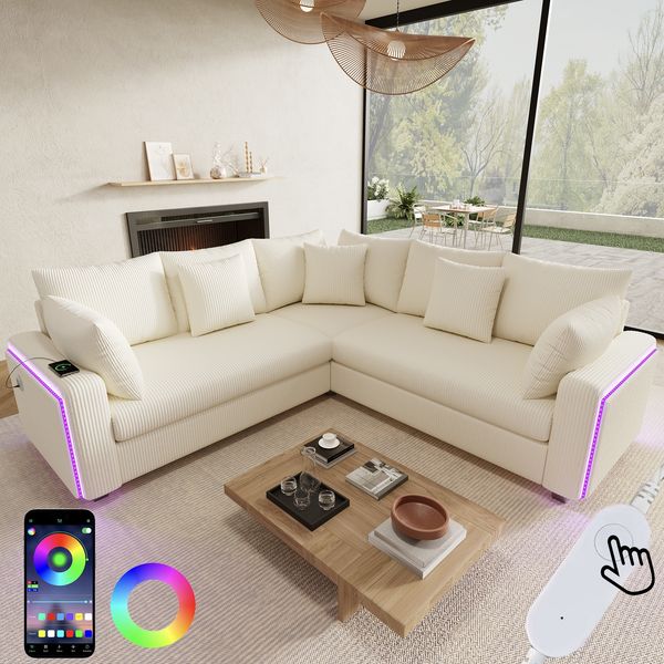 Merax L‑förmiges Ecksofa mit LED‑Ambientebeleuchtung, USB‑Ladeanschluss und weichem Cordstoff, inklusive passenden Kissen, Beige