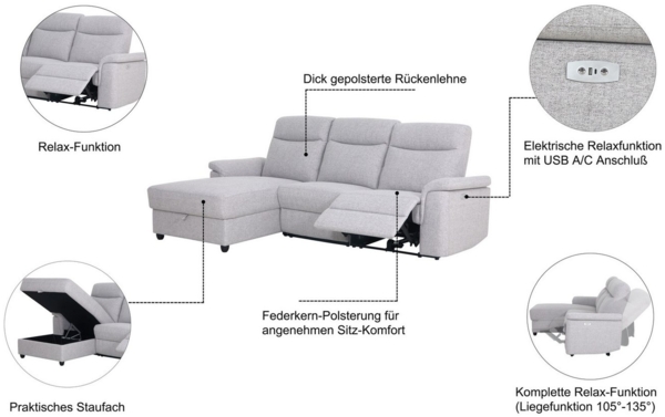 Home affaire Ecksofa BRIONNE, L-Form, 255cm, manuelle u. elektrische Funktion (USB A/C), Liegefunktion, Stauraum, Federkernpolsterung, Webstoff Bild 2