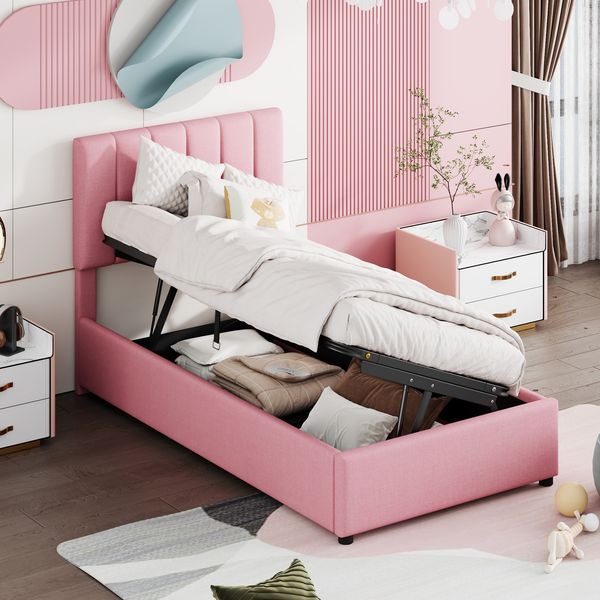 Kinderbett Polsterbett mit hydraulischem Stauraum & Lattenrost, 90x200 cm, Rosa, ohne Matratze