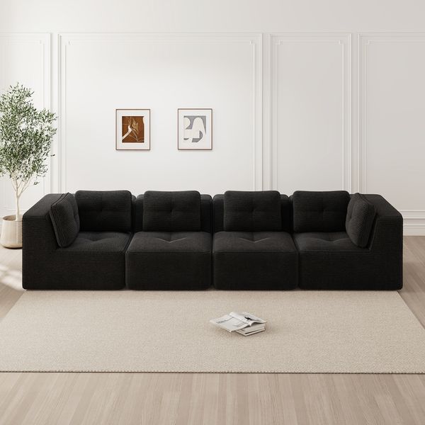 4-Sitzer modulares Ecksofa H 69 x T 386 x B 104 cm aus Cord, Schwarz, mit 74 cm Sitztiefe