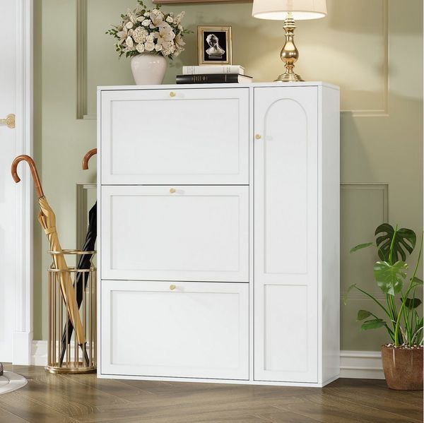 Merax Schuhschrank mit 3 Klappen & 1 Tür, Verstellbaren Regalen (1-St, Schuhkipper Schmal, Schuhkommode Flur) Schuhablage, Schuhregal