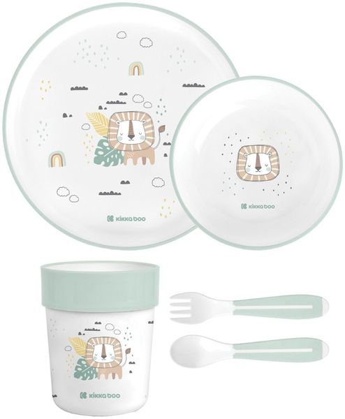 Kikkaboo Kindergeschirr Set Savanna 5-teilig Tiermotiv, Schale, Teller, Besteck hellgrün