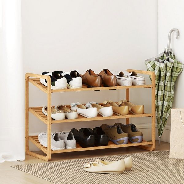 HOMCOM Standregal 3-stöckiges Schuhregal aus Bambus, freistehendes Aufbewahrungsregal für 12 Paar Schuhe 1-tlg, Schuhregalständer für Flur, Wohnzimmer, 76 x 33 x 50,8 cm, Naturholz