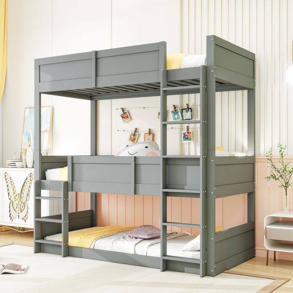 Dreibettzimmerbett 90*200 cm, Massivholzlatten, Hochbett, hohes Zaundesign, Kinderbett, Holzbett, grau
