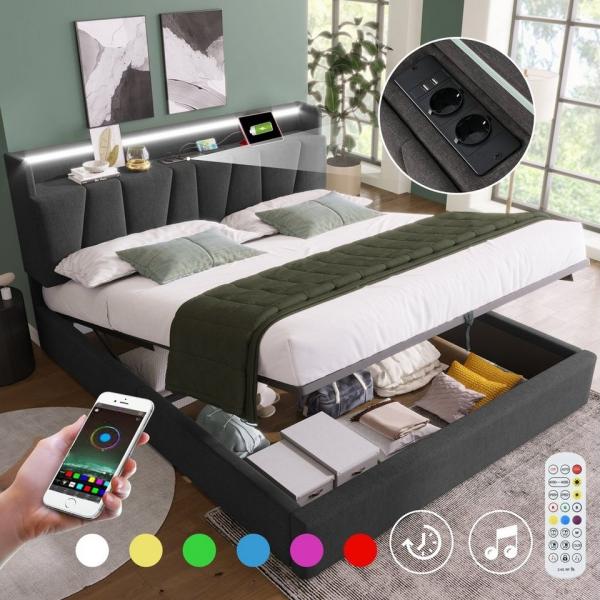 OKWISH Polsterbett Doppelbett (mit aufladen USB Ladefunktion Stauraum-Kopfteil)