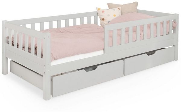 Ehrenkind® Kinderbett Lille | Kinderbett 90x200 cm inkl. abnehmbaren Rausfallschutz und Schubladen aus Massivholz FSC® zertifziert | Jugendbett 90x200 Hellgrau