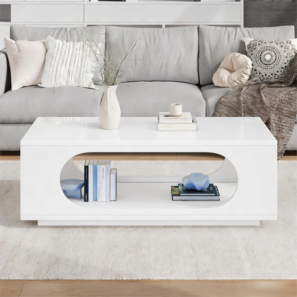 Couchtisch 100 x 50 x 35 cm mit LED-Beleuchtung und großem Stauraum, Hochglanz Weiß