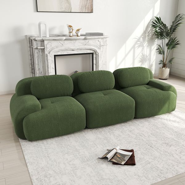 Flieks Modulares Cord Sofa 3-Sitzer, Cloud Sofa rahmenlos, bodennah mit tiefer Sitzfläche, weich & bequem, rutschfest, Grün