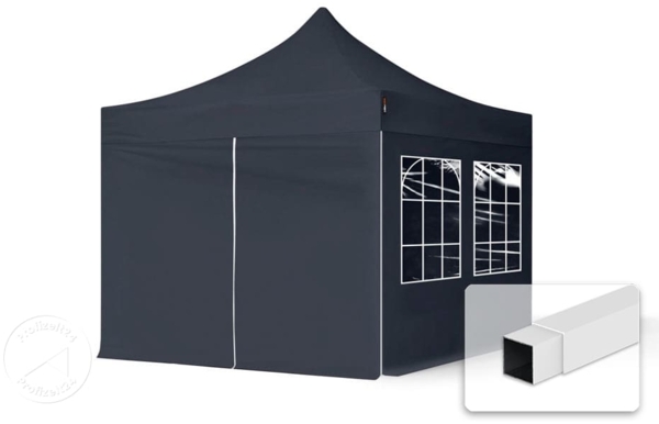 3x3 m Faltpavillon, ECONOMY Stahl 30mm, Seitenteile mit Sprossenfenstern, schwarz