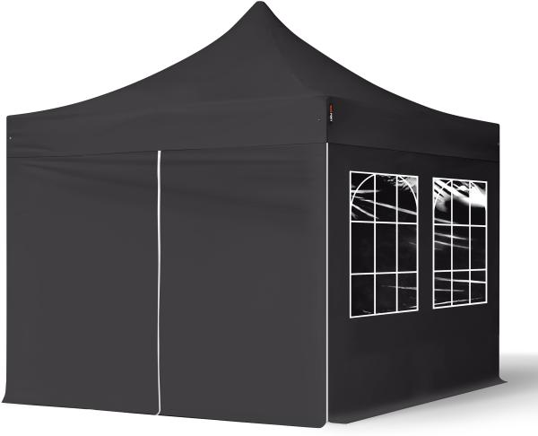 3x3 m Faltpavillon, ECONOMY Stahl 30mm, Seitenteile mit Sprossenfenstern, schwarz Bild 2
