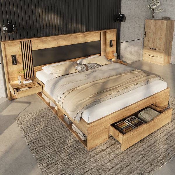 Merax Doppelbett 160*200cm, Stauraumbett, holzbett, Jugendbett, mit Leselampe, mit 2 Nachttische, mit Schubladen, Naturfarbe