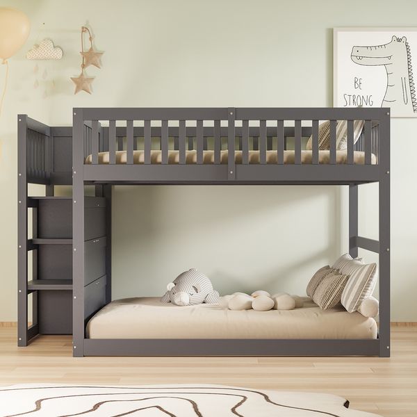 Niedriges Etagenbett Grau 140x200 Mit Schubladen Sicherheitszaun Treppe Stauraum Kiefer Massivholz 120kg Belastbar Kinderzimmer Jugendzimmer Platzsparend Geschwisterbett Spielbereich